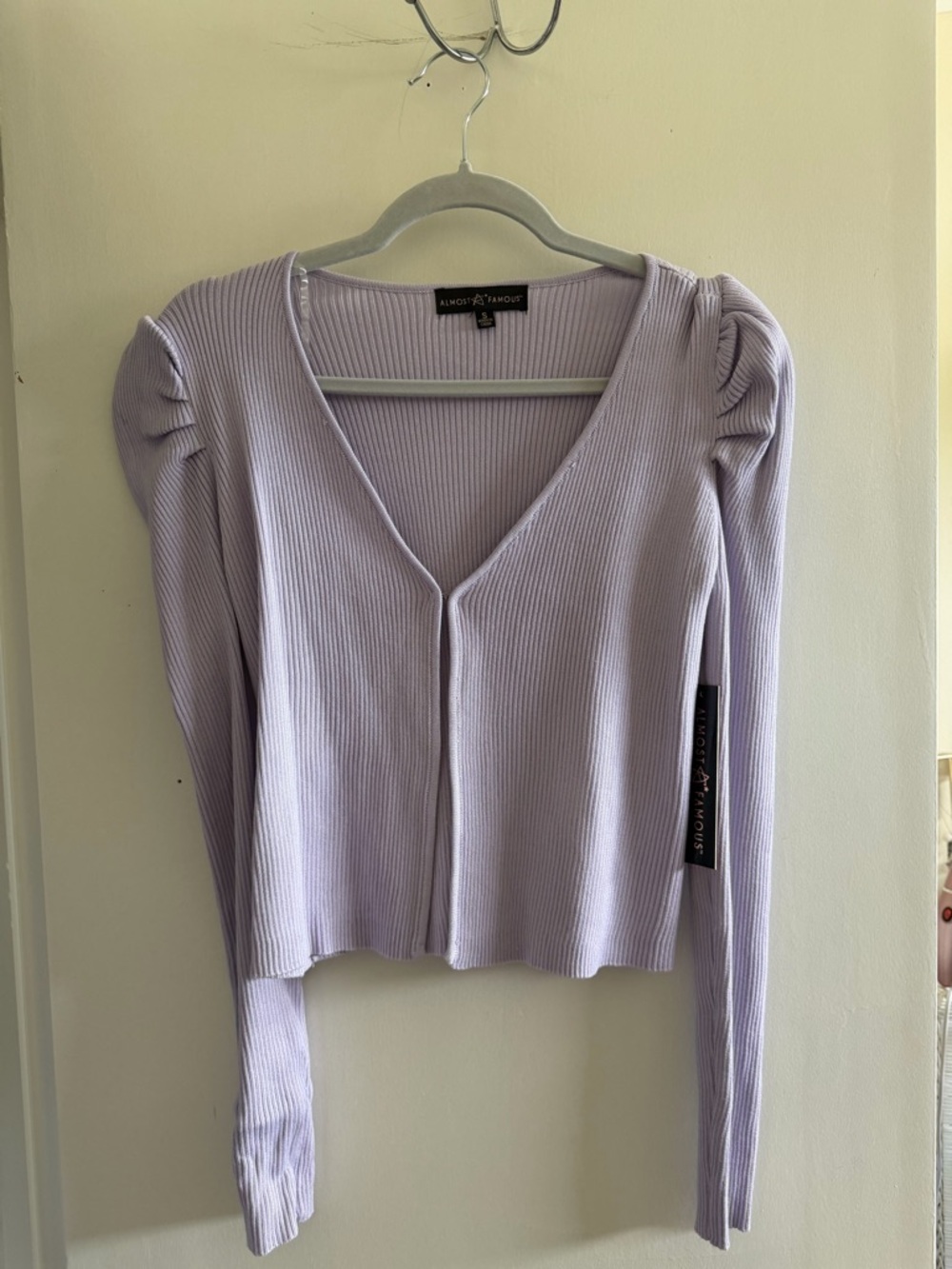 Almost Famous Lavender Ribbed V-Neck Puff Shoulder Cardigan
